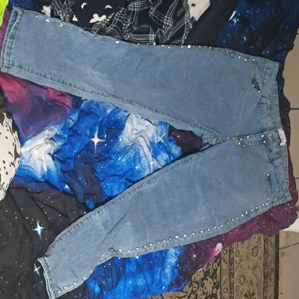 Thrill Women's Blue Straight Leg Jeans with Stud Accents